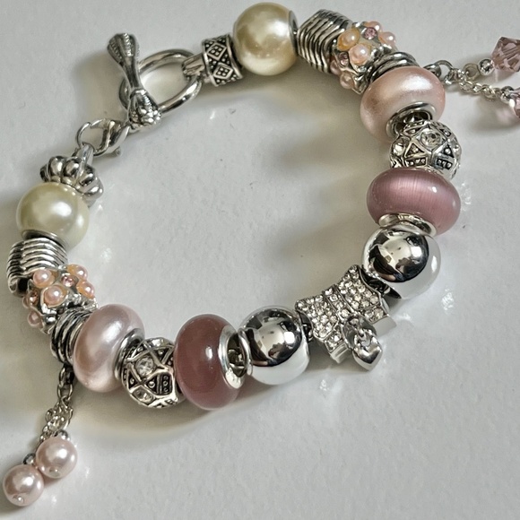 Hand Crafted Jewelry - European Style Charm Bracelet with Beads and Charms, Toggle Clasp, 7.9” Long